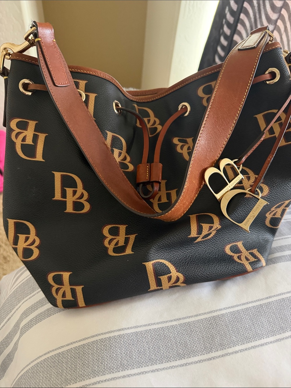 Dooney & Bourke Black and Brown DB Logo Hobo Bag